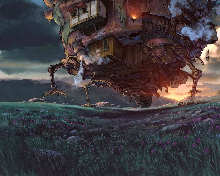 Howl's Moving Castle in a field