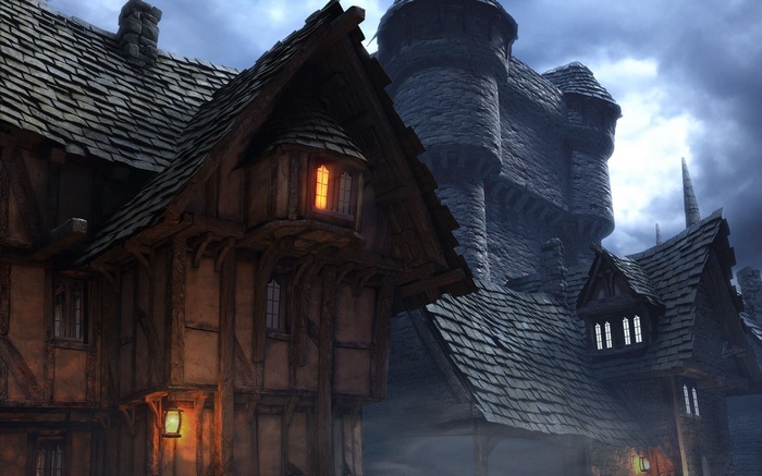 Fantasy medieval town with castle in background