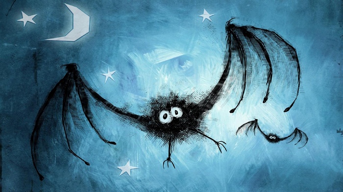 Two cartoon bats flying under a crescent moon and stars