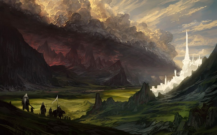 Fantasy landscape with a white castle and dark mountains