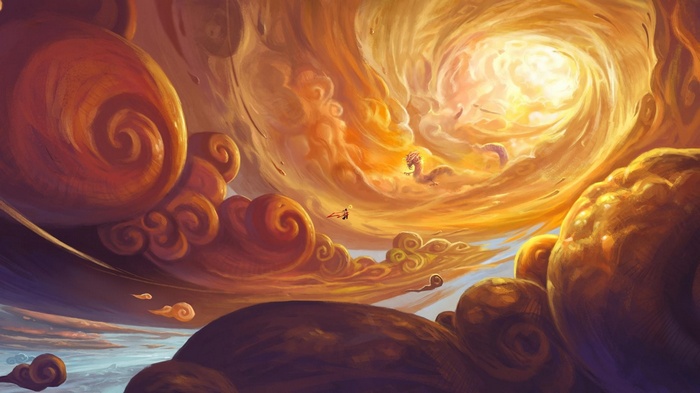 Dragon and figure in swirling orange clouds
