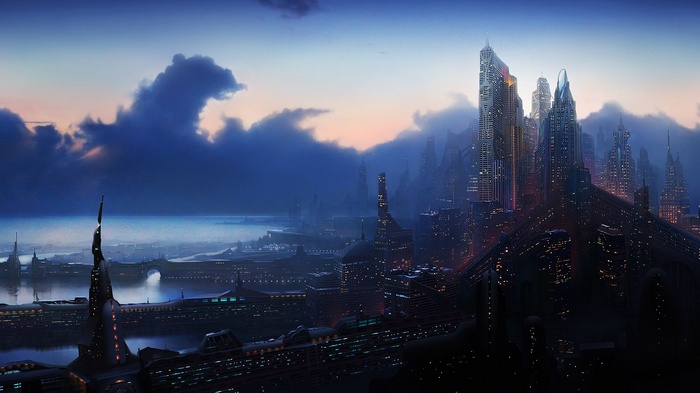 Futuristic Cityscape at Dusk with Tall Buildings
