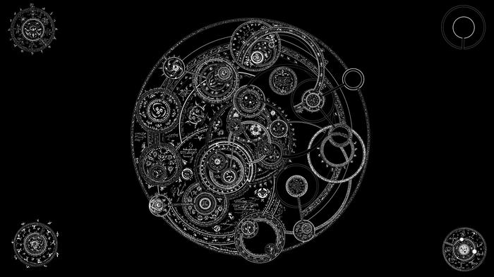 Monochrome circular gears artwork on black background