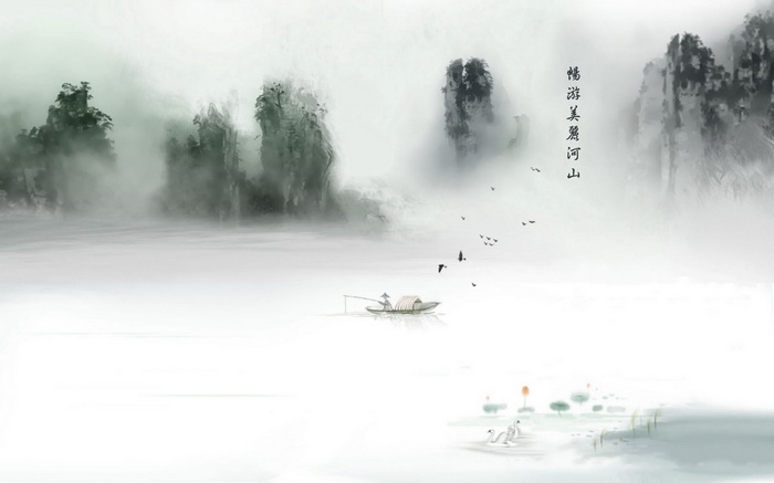 Chinese classical ink wash painting of a misty landscape with a boat