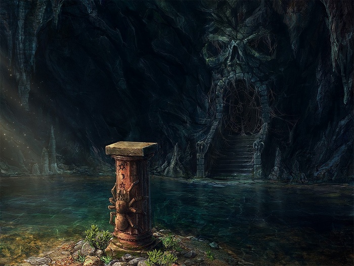 Fantasy cave entrance with skull motif and water