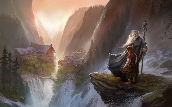 Bilbo Baggins, The Hobbit, digital art, painting, Gandalf, Rivendell, fantasy art, The Lord of the Rings