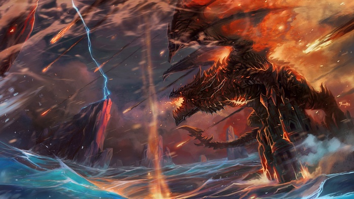 Deathwing breathing fire in the ocean during a storm