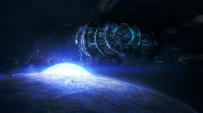 Futuristic space station above a glowing planet