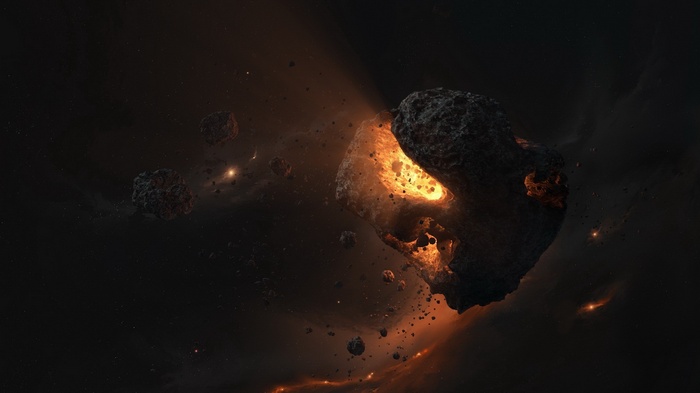 Asteroids in deep space with glowing core