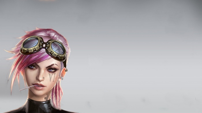 Vi from League of Legends with goggles and lollipop