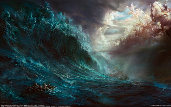 Dehong He's Fantasy Artwork of a Stormy Sea with Gods