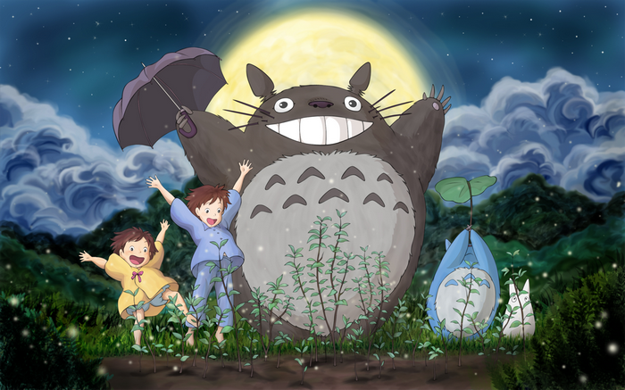 My Neighbor Totoro characters under the moon