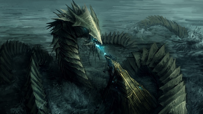 Two dragons fighting with blue energy