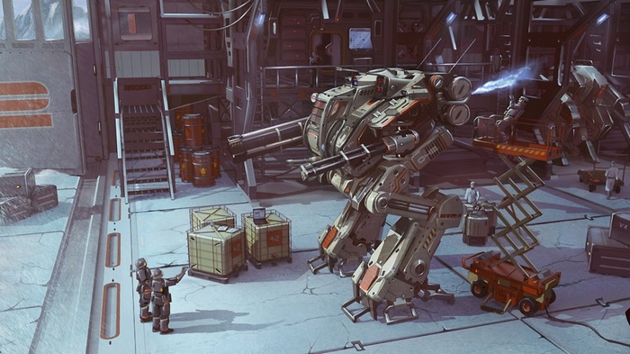 Mech in a futuristic hangar with workers
