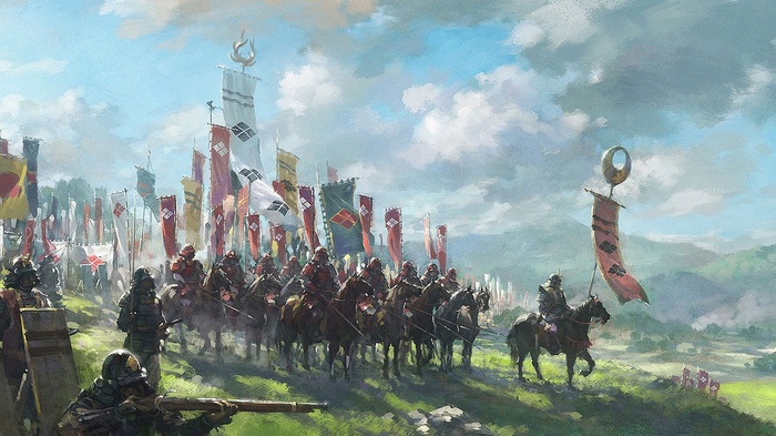 Samurai army with banners on horseback