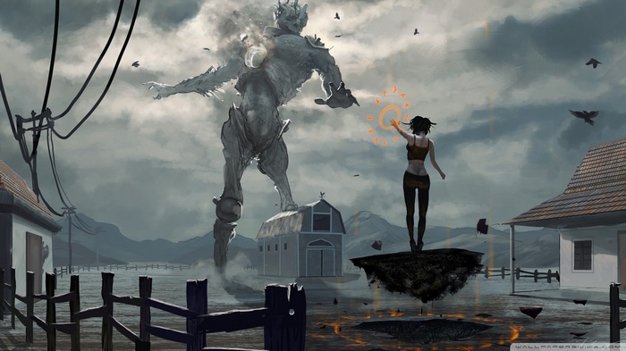 Fantasy art of a woman facing a giant demon