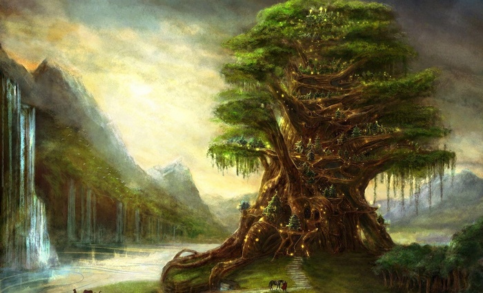 Fantasy art of a giant tree city with waterfalls