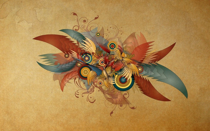 Abstract artwork with colorful shapes and birds