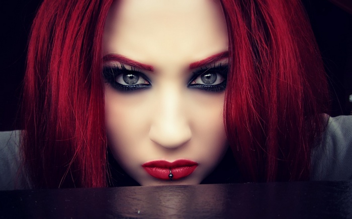 lolina green, Pierced Lips, women, model, makeup, smoky eyes, face, eyes, BloodViktoria, Niky Von Macabre, redhead