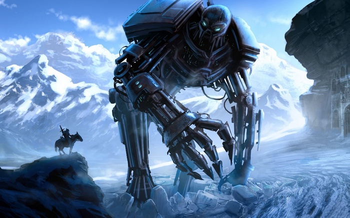 Giant robot and a warrior on horseback in a snowy landscape