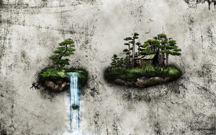Floating islands with bonsai trees and a waterfall