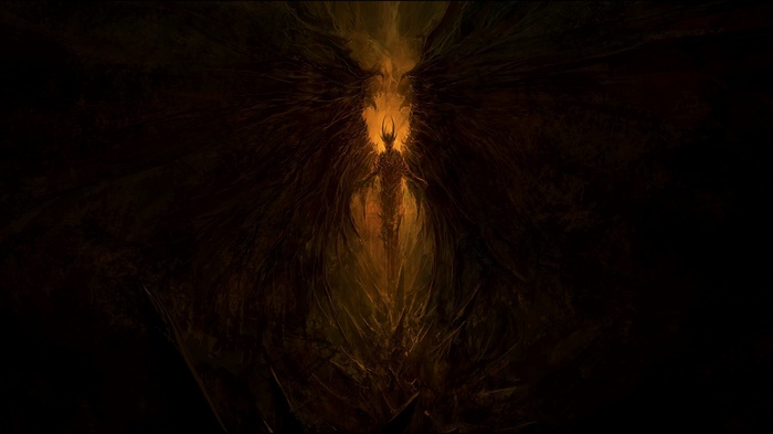Demonic figure with glowing eyes in dark fantasy art