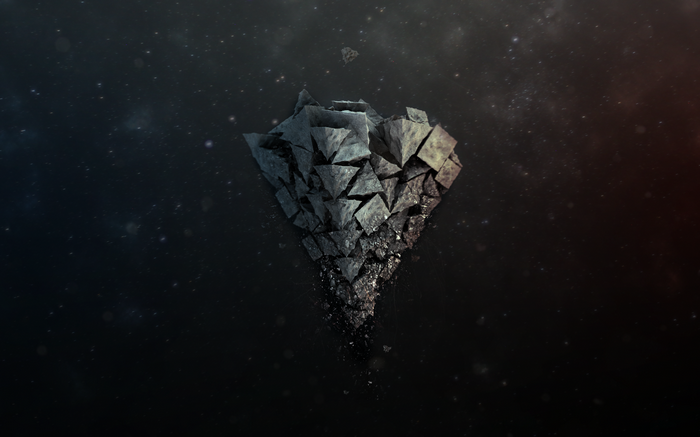 Shattered heart made of rock in space