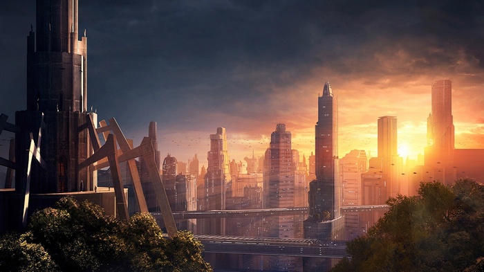 Futuristic city with skyscrapers at sunset