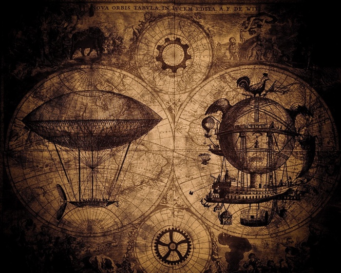 Steampunk airships on an old world map