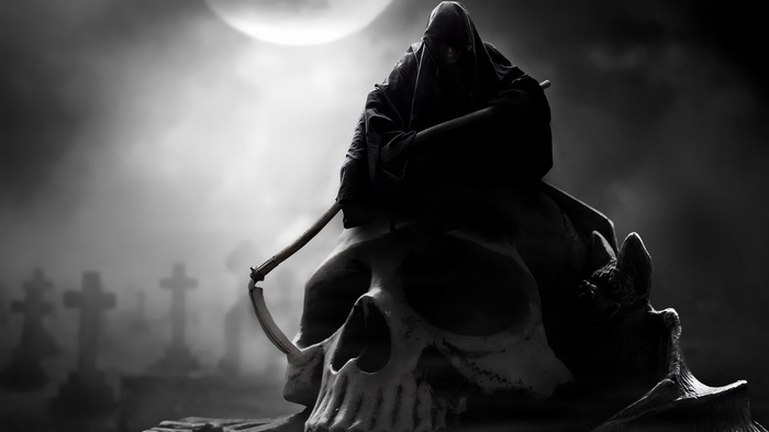 Grim Reaper on a Skull in a Graveyard