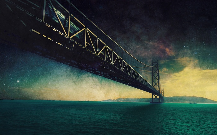 Bridge over the ocean under a starry sky