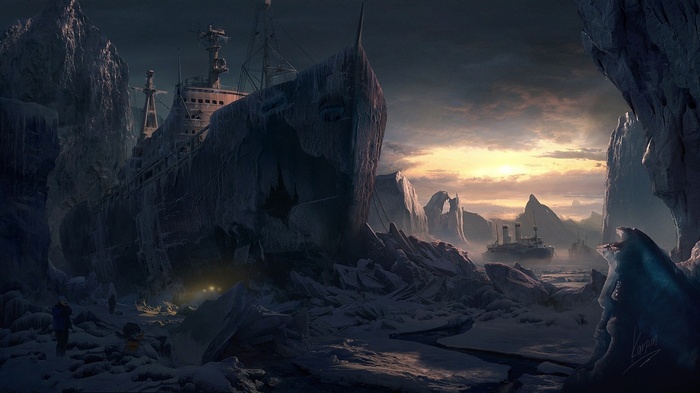 Frozen shipwreck in an icy, apocalyptic landscape