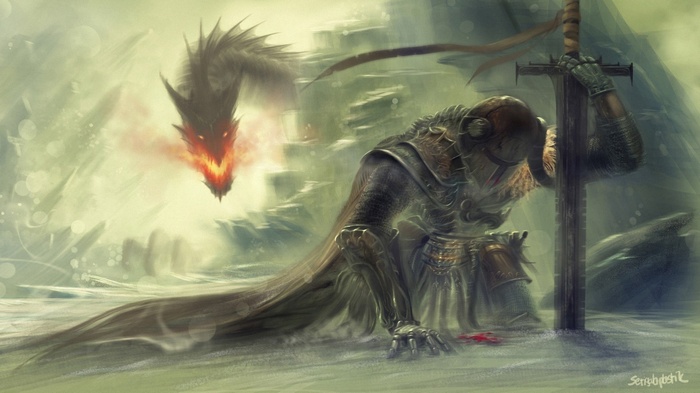Knight kneeling before a dragon in fantasy artwork