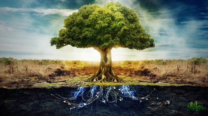 A surreal tree with glowing roots and a skeleton