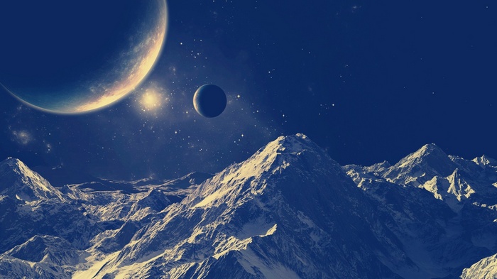Space art with planets and snowy mountains