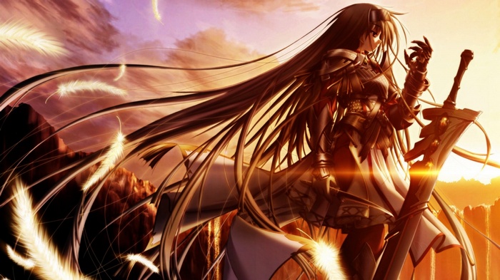 Anime girl with long hair and sword at sunset