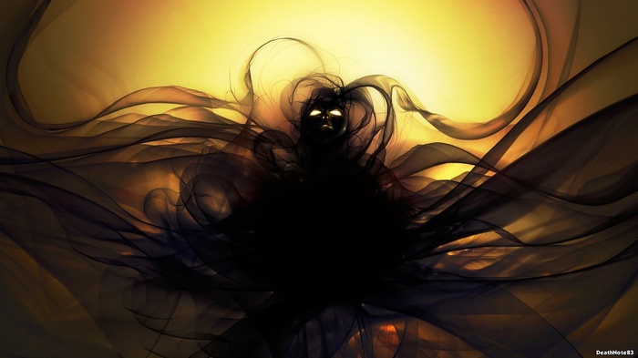 Demon with glowing eyes surrounded by smoke