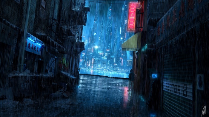 Futuristic China city street at night in the rain