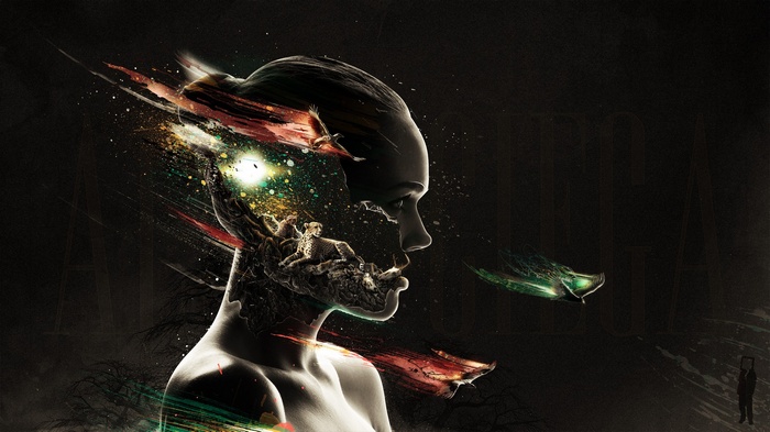 Abstract portrait of a woman with exploding colors and animals