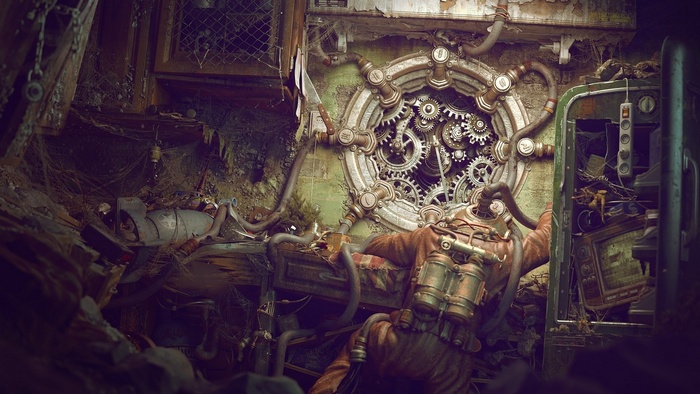 Steampunk diver with gears and machinery