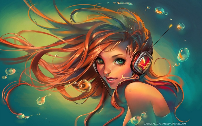 Anime girl with headphones and flowing hair