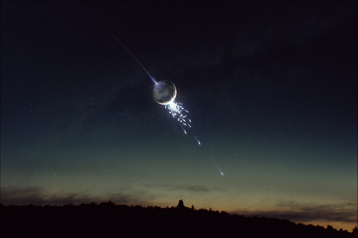 A celestial body streaks across a starry night sky