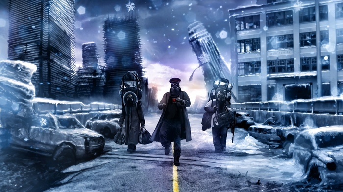 Apocalyptic winter scene with people on a bridge