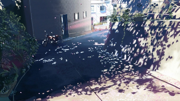 sunlight, Makoto Shinkai , dappled sunlight, anime, plants, motorcycle, pavements, 5 Centimeters Per Second