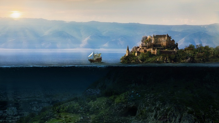 Split view of a sailing ship and castle above a sunken city