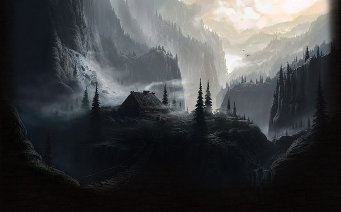 Fantasy cabin in misty mountains with a rope bridge