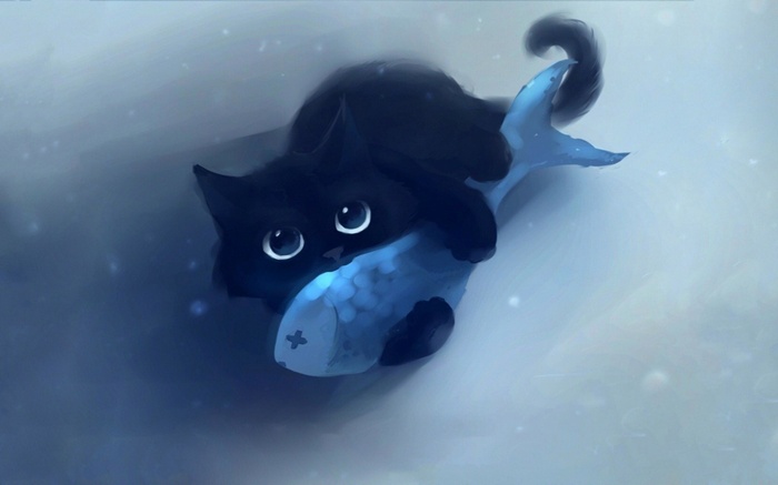 Black cat holding a blue fish