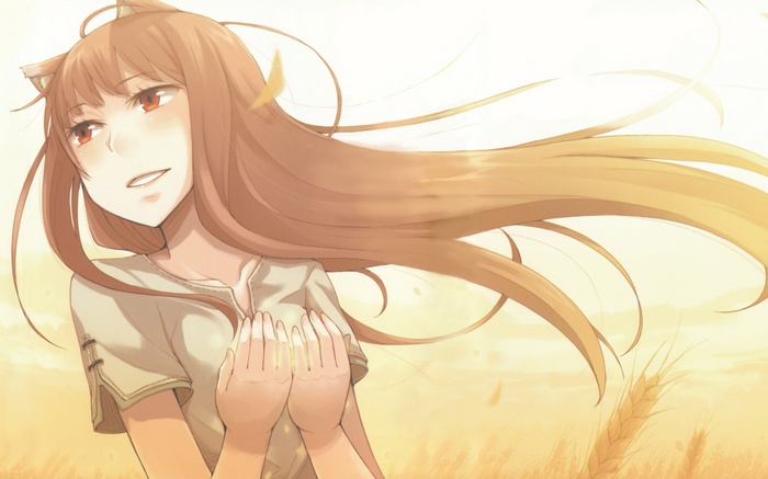 Holo from Spice and Wolf in a wheat field