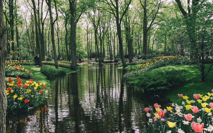 Keukenhof Gardens in the Netherlands with tulips and a canal