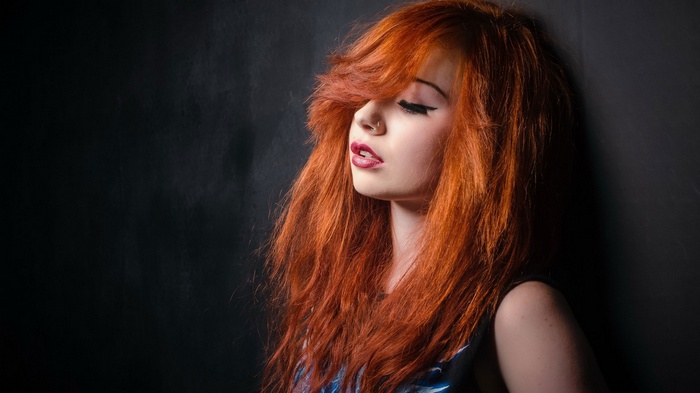 eyes, lips, blue clothes, face, closed eyes, Ariel Rebel, redhead, nose rings, pierced nose, simple background, women, long hair, model